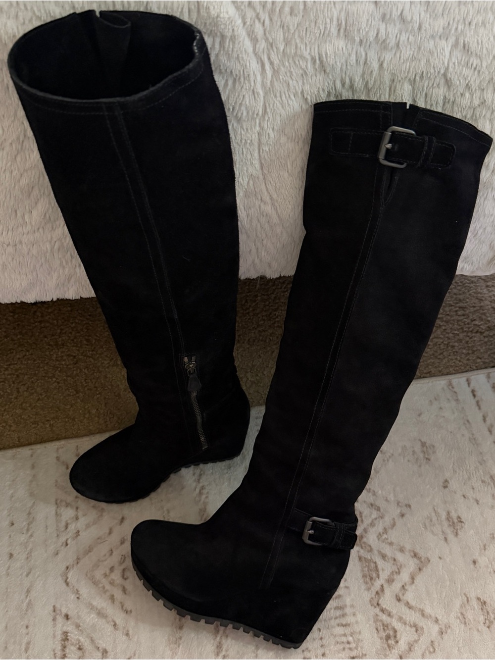 Prada Black Over-the-Knee monolith collection Suede Wedge Boots - EU 36.5